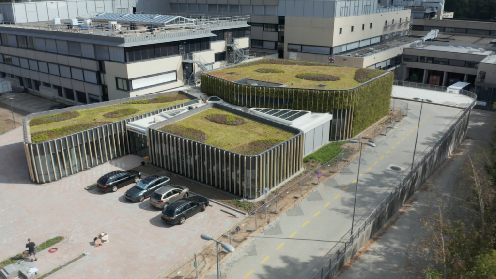放射治疗组建筑的绿色屋顶和绿色立面